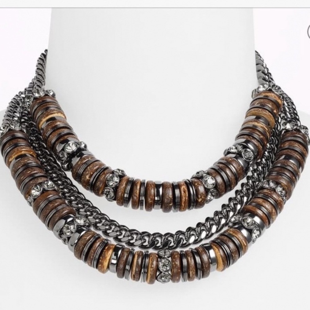 Givenchy Gunmetal Wood Bead Crystal Brutalist Multi Wear Long Necklace Minimal